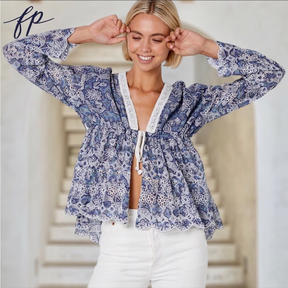 Free People
Anissa Bed Floral Print Embroidered Scalloped Hem Tie Front Jacket